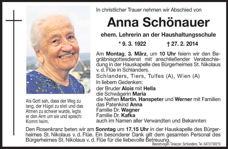  Traueranzeige für Anna Schönauer vom 28.02.2014 aus Dolomiten