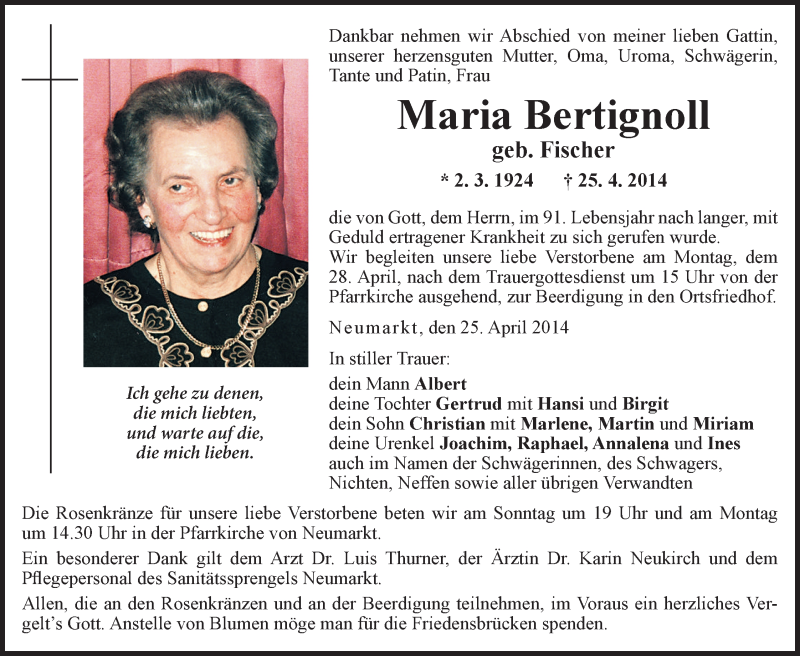  Traueranzeige für Maria Bertignoll vom 26.04.2014 aus Dolomiten