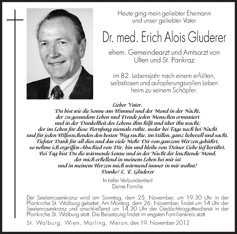  Traueranzeige für Erich Alois Gluderer vom 24.11.2012 aus Dolomiten