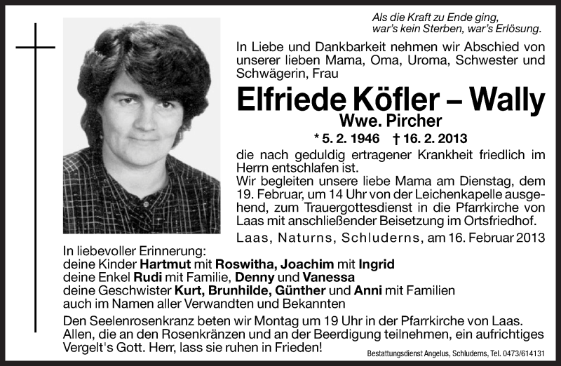  Traueranzeige für Elfriede  Pircher vom 18.02.2013 aus Dolomiten