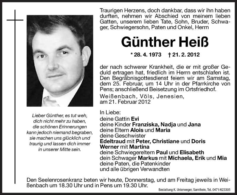  Traueranzeige für Günther Heiß vom 23.02.2012 aus Dolomiten