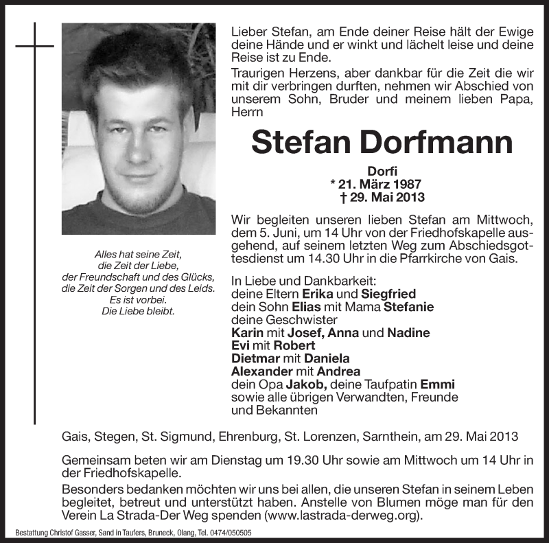  Traueranzeige für Stefan Dorfmann vom 04.06.2013 aus Dolomiten