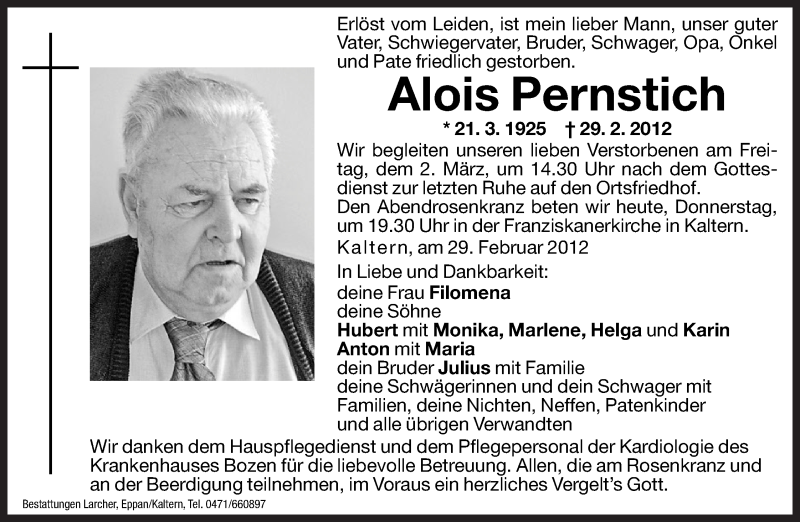  Traueranzeige für Alois Pernstich vom 01.03.2012 aus Dolomiten