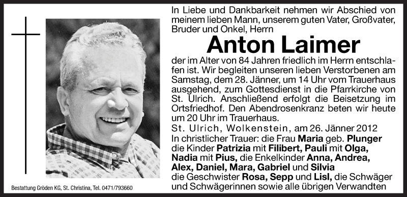  Traueranzeige für Anton Laimer vom 27.01.2012 aus Dolomiten