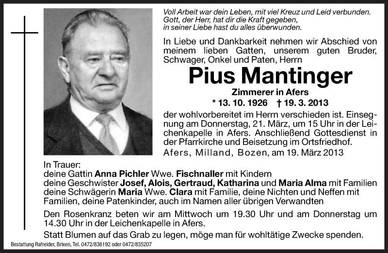  Traueranzeige für Pius Mantinger vom 20.03.2013 aus Dolomiten