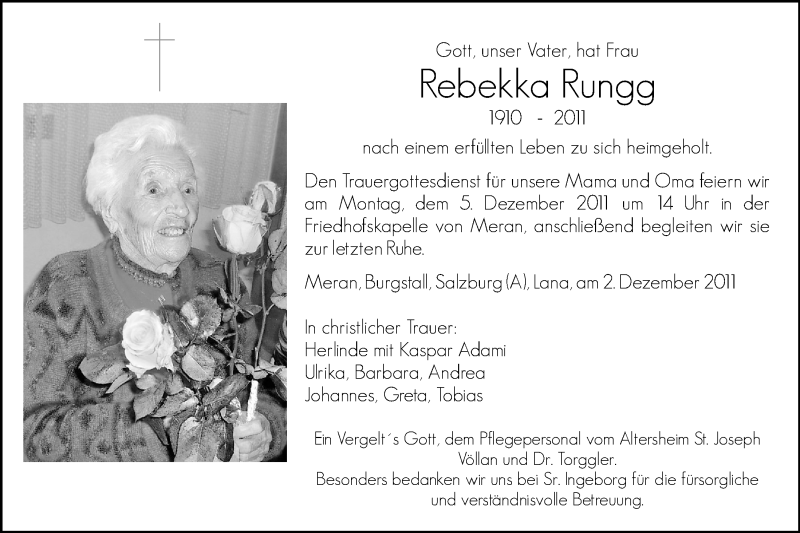  Traueranzeige für Rebekka Rungg vom 03.12.2011 aus Dolomiten