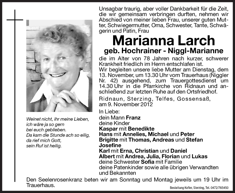  Traueranzeige für Marianna Larch vom 10.11.2012 aus Dolomiten