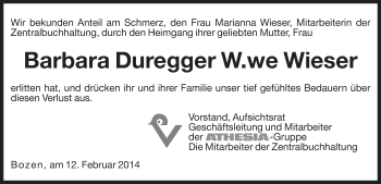 Traueranzeige von Barbara Wieser von Dolomiten