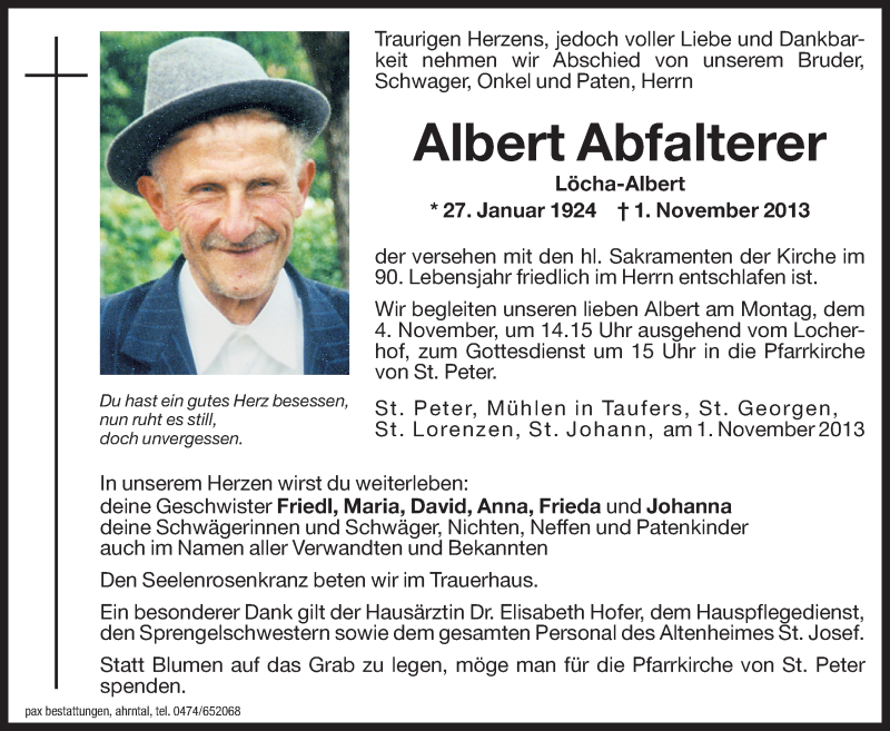  Traueranzeige für Albert Abfalterer vom 02.11.2013 aus Dolomiten