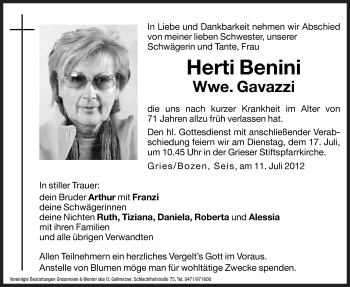 Traueranzeige von Herti Gavazzi von Dolomiten