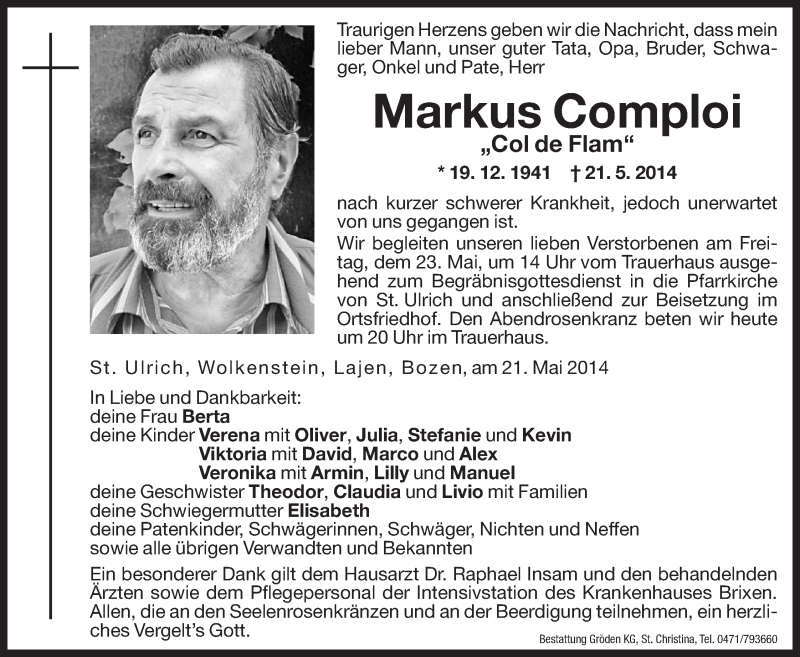  Traueranzeige für Markus Comploi vom 22.05.2014 aus Dolomiten