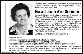 Traueranzeige von Giuliana  Gianmoena von Dolomiten