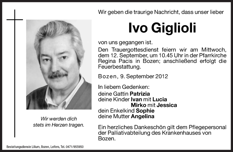  Traueranzeige für Ivo Giglioli vom 11.09.2012 aus Dolomiten