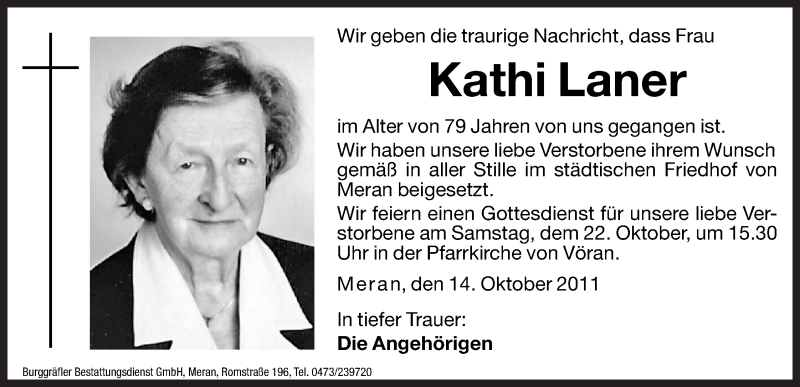  Traueranzeige für Kathi Laner vom 21.10.2011 aus Dolomiten