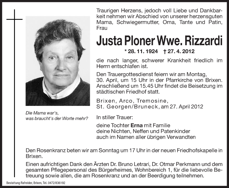  Traueranzeige für Justa Rizzardi vom 28.04.2012 aus Dolomiten