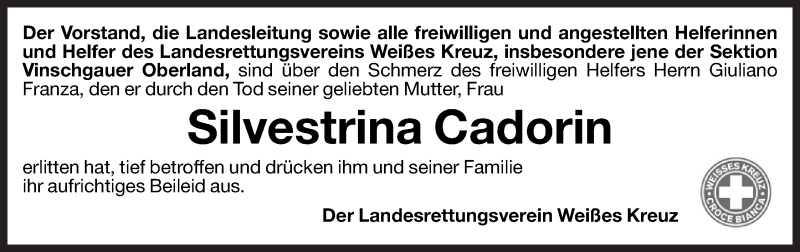  Traueranzeige für Silvestrina Cadorin vom 30.04.2012 aus Dolomiten