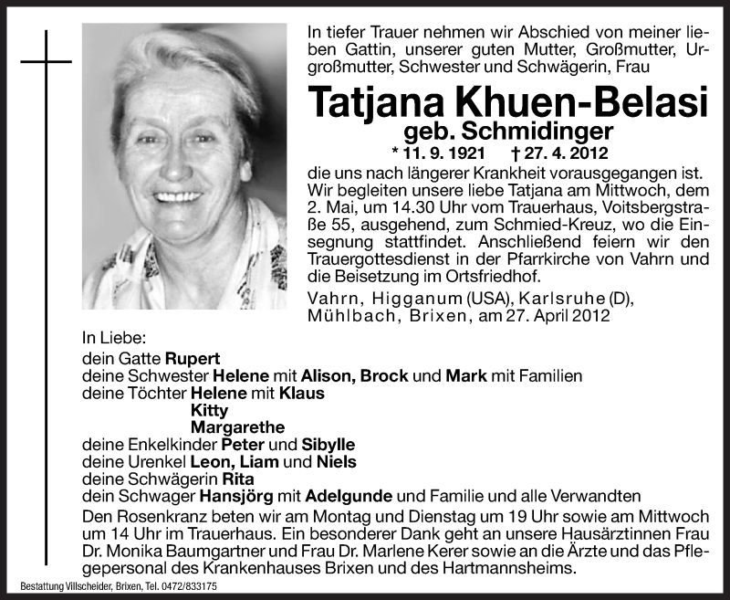  Traueranzeige für Tatjana Khuen-Belasi vom 28.04.2012 aus Dolomiten