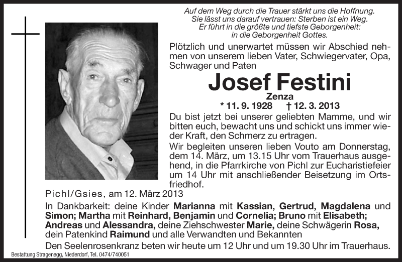  Traueranzeige für Josef Festini vom 13.03.2013 aus Dolomiten