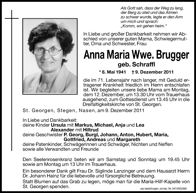  Traueranzeige für Anna Maria Brugger vom 10.12.2011 aus Dolomiten