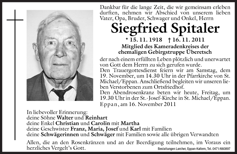  Traueranzeige für Siegfried Spitaler vom 18.11.2011 aus Dolomiten