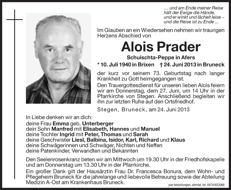  Traueranzeige für Alois Prader vom 26.06.2013 aus Dolomiten