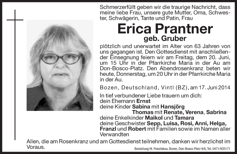  Traueranzeige für Erica Prantner vom 19.06.2014 aus Dolomiten