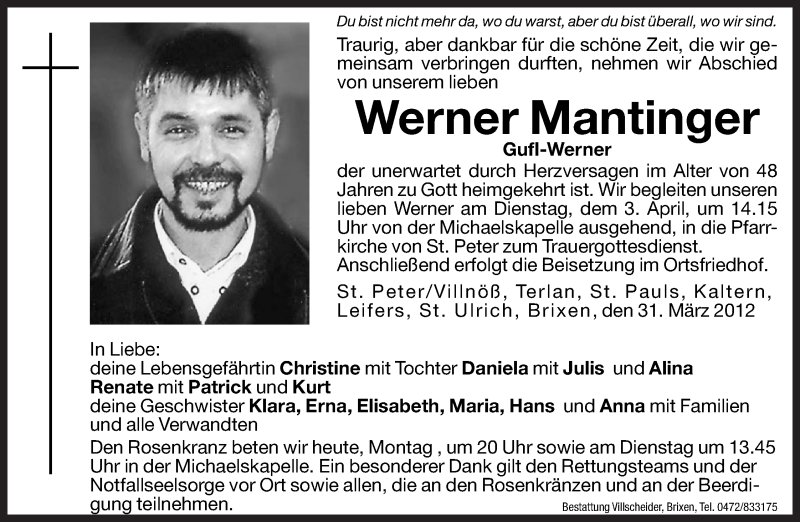  Traueranzeige für Werner Mantinger vom 02.04.2012 aus Dolomiten