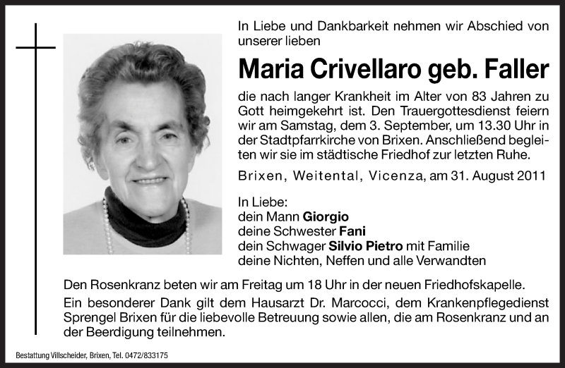  Traueranzeige für Maria Crivellaro vom 02.09.2011 aus Dolomiten