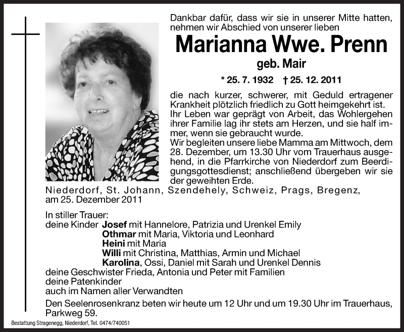  Traueranzeige für Marianna Prenn vom 27.12.2011 aus Dolomiten