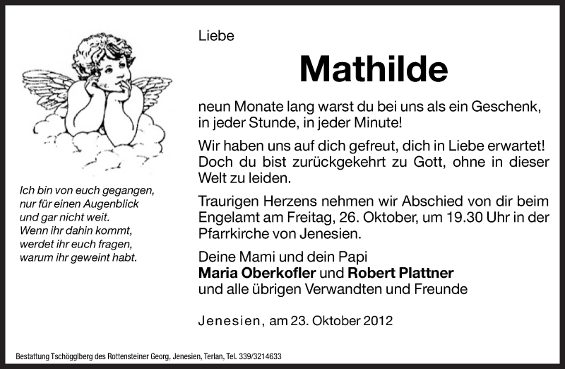  Traueranzeige für Mathilde Plattner vom 25.10.2012 aus Dolomiten