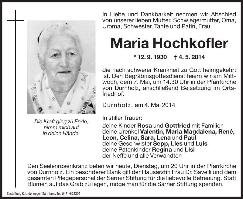  Traueranzeige für Maria Hochkofler vom 06.05.2014 aus Dolomiten