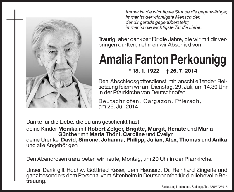  Traueranzeige für Amalia Fanton Perkounigg vom 28.07.2014 aus Dolomiten