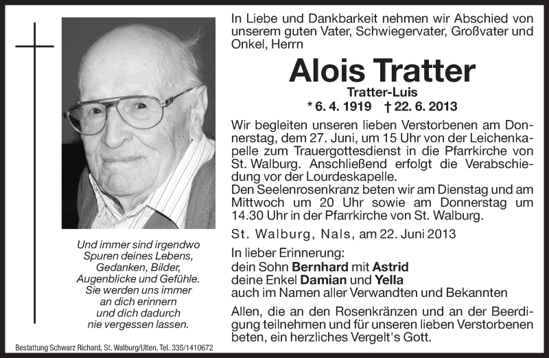  Traueranzeige für Alois Tratter vom 24.06.2013 aus Dolomiten