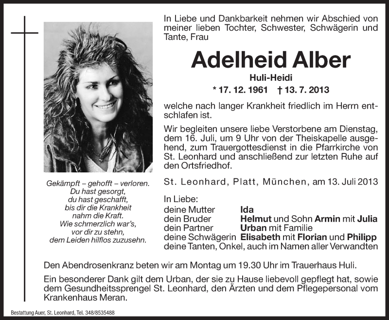  Traueranzeige für Adelheid Alber vom 15.07.2013 aus Dolomiten