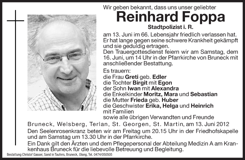  Traueranzeige für Reinhard Foppa vom 15.06.2012 aus Dolomiten