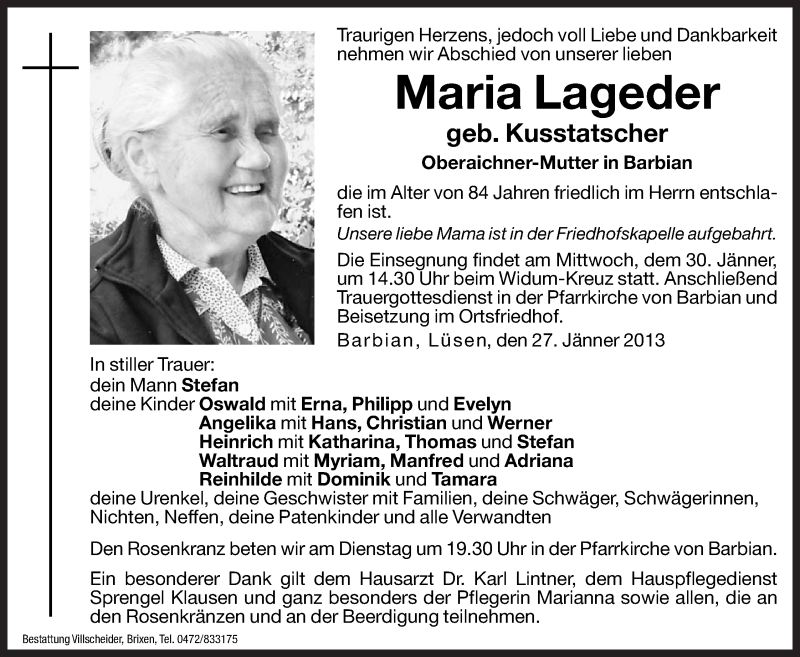  Traueranzeige für Maria Lageder vom 29.01.2013 aus Dolomiten