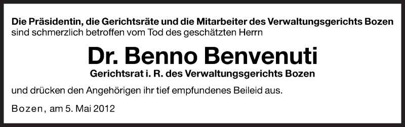  Traueranzeige für Benno Benvenuti vom 05.05.2012 aus Dolomiten