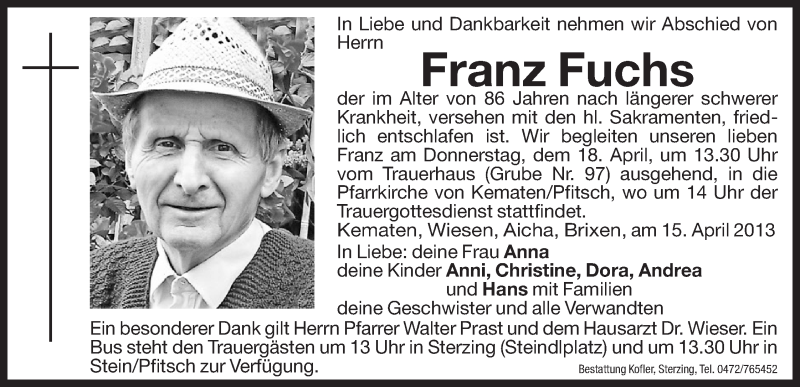  Traueranzeige für Franz Fuchs vom 17.04.2013 aus Dolomiten