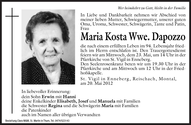  Traueranzeige für Maria Dapozzo vom 22.05.2012 aus Dolomiten