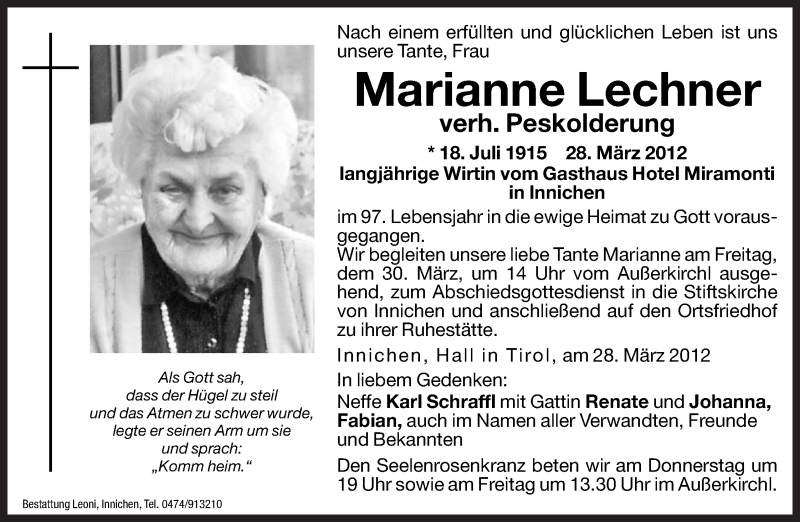  Traueranzeige für Marianne Peskolderung vom 29.03.2012 aus Dolomiten