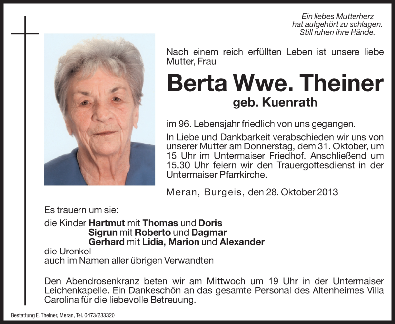  Traueranzeige für Berta Theiner vom 30.10.2013 aus Dolomiten