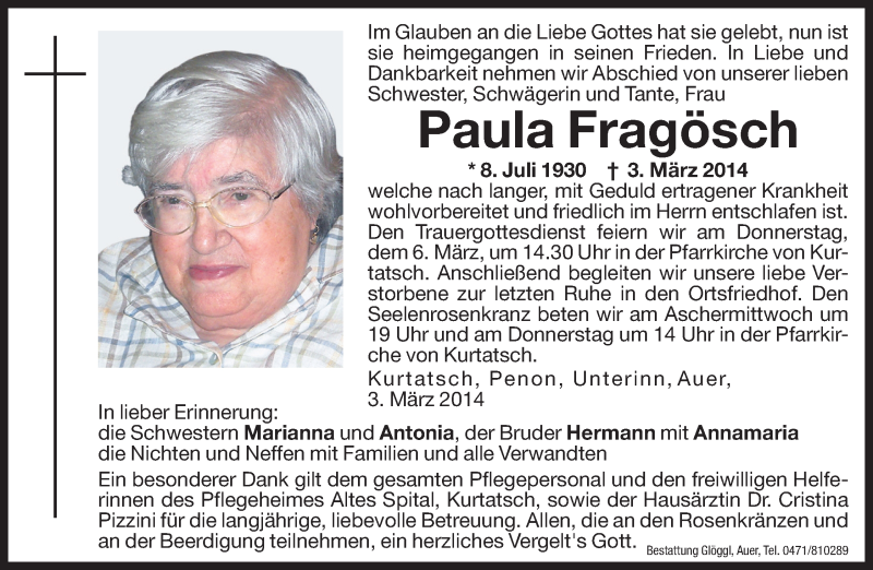  Traueranzeige für Paula Fragösch vom 05.03.2014 aus Dolomiten