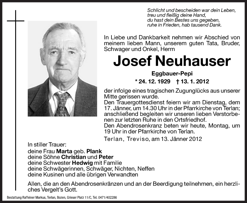  Traueranzeige für Josef Neuhauser vom 16.01.2012 aus Dolomiten