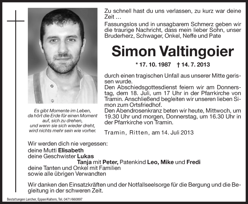  Traueranzeige für Simon Valtingoier vom 17.07.2013 aus Dolomiten