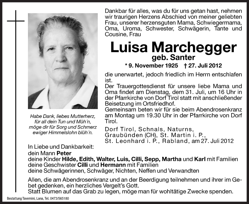  Traueranzeige für Luisa Marchegger vom 30.07.2012 aus Dolomiten