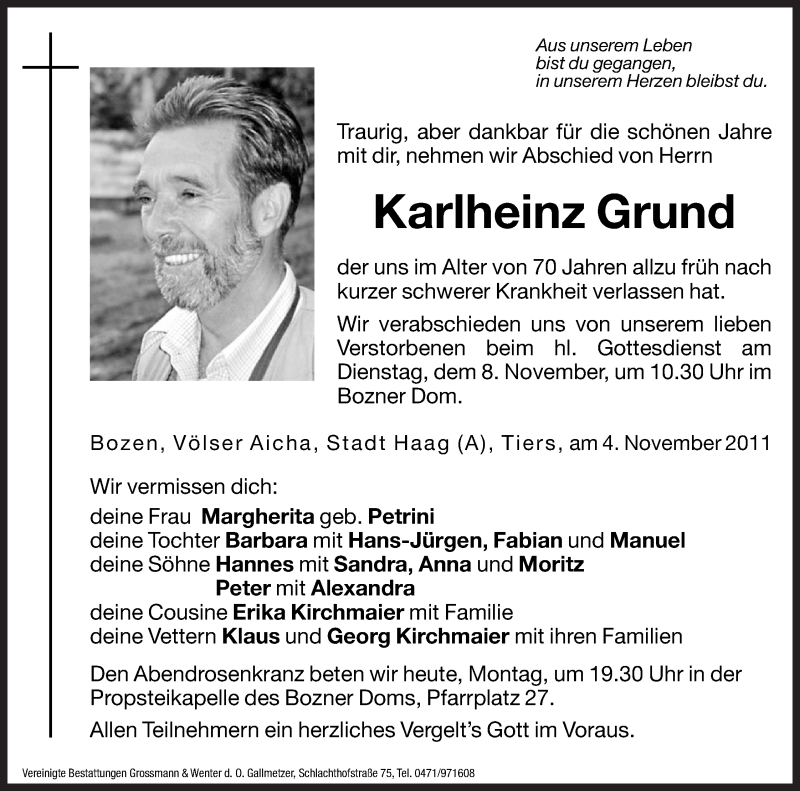  Traueranzeige für Karlheinz Grund vom 07.11.2011 aus Dolomiten