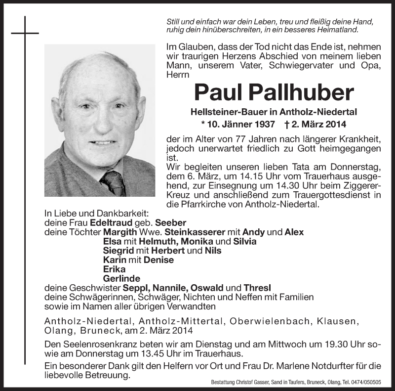  Traueranzeige für Paul Pallhuber vom 03.03.2014 aus Dolomiten