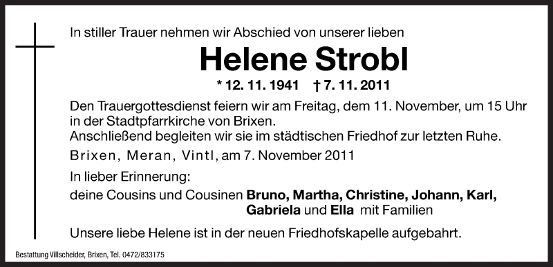  Traueranzeige für Helene Strobl vom 09.11.2011 aus Dolomiten