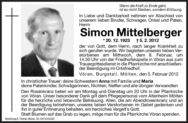  Traueranzeige für Simon Mittelberger vom 06.02.2012 aus Dolomiten