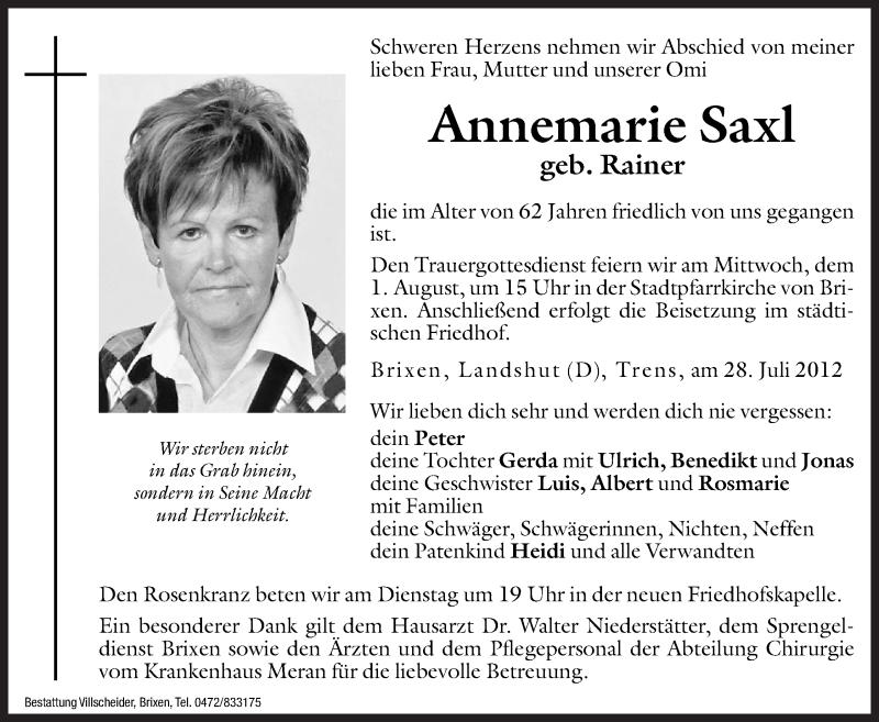  Traueranzeige für Annemarie Saxl vom 30.07.2012 aus Dolomiten